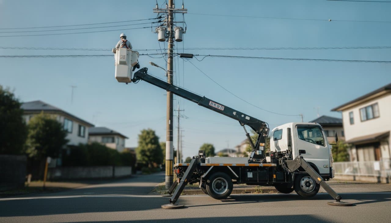 通信柱のそばにジャッキを張り出して設置された高所作業車。バケットの作業者が腕金付近で作業している